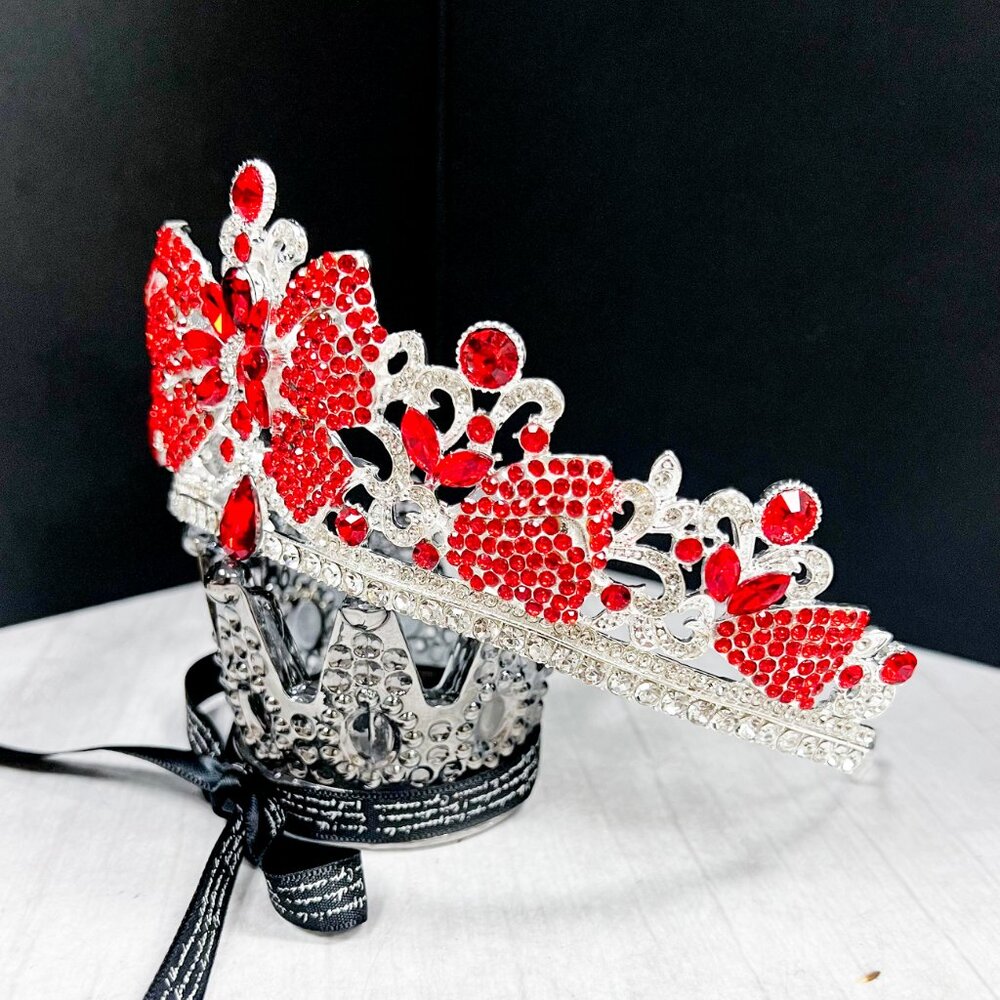 Vintage silver Crown, Red bow tiara, Classic wedding Crown, Crystal Crown Tiara - Picture 2 of 10